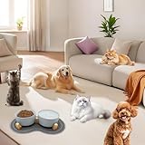 Hundenapf Keramik 850ml Doppel Futternapf Hund mit Bambus Ständer und Rutschfestem Matte, Hundenapf Set Erhöht Hunde Napfset, Erhöhte Futterstation Hund 2er Set für Katzen Kleine Mittelgroße Hunde