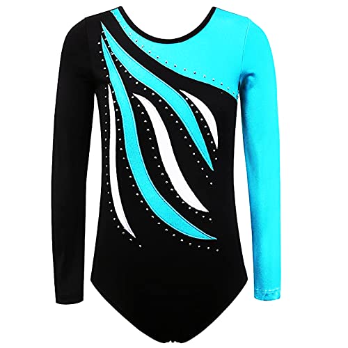 FINGER TEN Gymnastikanzug Mädchen Kurzarm Langarm Kinder Ballettanzug Gymnastik Training Gymnastikbody Trikotanzug Tanz Kleid Ballettkleid (Aqua, Tag 12A (11-12 Jahre))