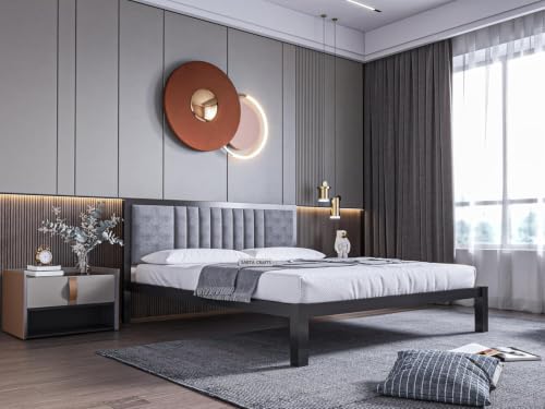 Image of Craft Modern Upholstered Queen Size Bed for Bedroom | Metal Double Bed | Platform Cot Bed with Upholstery Premium Fabric | 6.5 x 5 Ft | Grey, Assembly-DIY