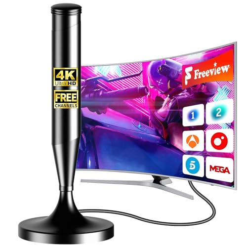 Antena de TV Interior 2025 Más Avanzada, Recepción Estable de hasta 480 km, Compatible con Smart TV, 4K y 1080P, Base Magnética Fuerte, Cable Coaxial de 5 m, Ideal para Freeview y Canales Locales