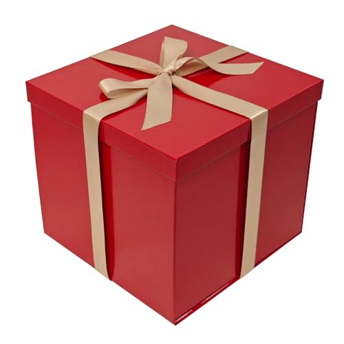 Tekhoho Caixa de presente vermelha 22 x 22 x 20,5 cm, caixas de presente premium com tampa e fita para presentes do dia dos namorados, Natal, casamentos, aniversário, embalagem de presente, forro
