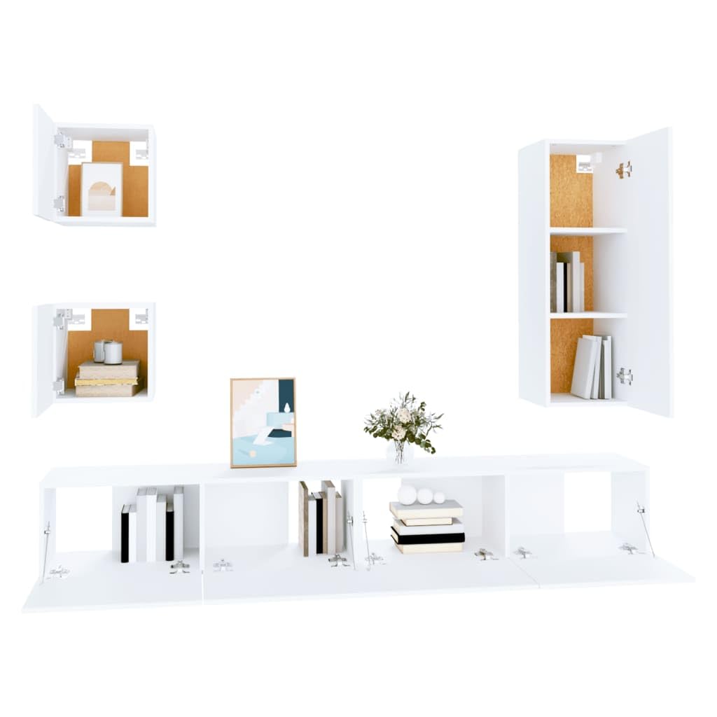 5-TLG. TV-Schrank-Set, Weiß, Holzwerkstoff, Wandmontage, Modernes Media-Center für Wohnzimmer, Schlafzimmer, Viel Stauraum