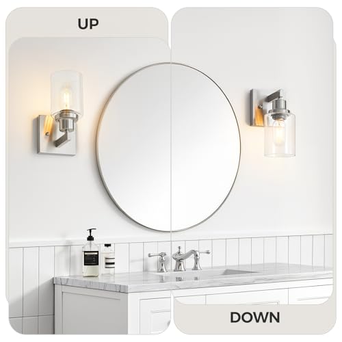 Image of Bathroom Wall Sconces Set of 2,Brushed Nickel Wall Sconce,Vanity Light with Clear Glass Wall Mounted Light Fixture,Farmhouse Wall Lamp for Bedroom Living Room Mirror Hallway