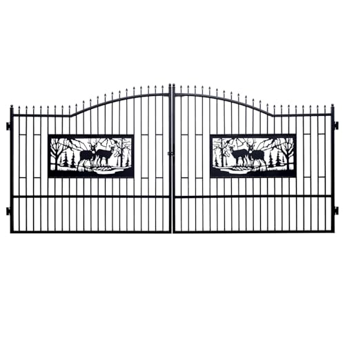 20 x 7 FT Double Swing Driveway Gate Heavy-Duty Galvanized Steel with Powder-Coated Finish Decorative Deer-Design Wrought Iron-Style Outdoor Gate for Driveways Farms &Yards Stamped Finial