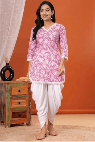 Image of Floral Print Cotton Kurta and Dhoti Set for Women Designer