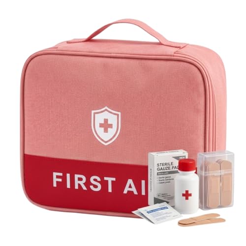 Bolsa de Remedios e Primeiros Socorros 24x20x10cm Necessaire Emergencia com Divisorias Internas com Tela e Alca de Mao Poliester Resistente Ideal para Viagem Casa e Carro (Rosa)