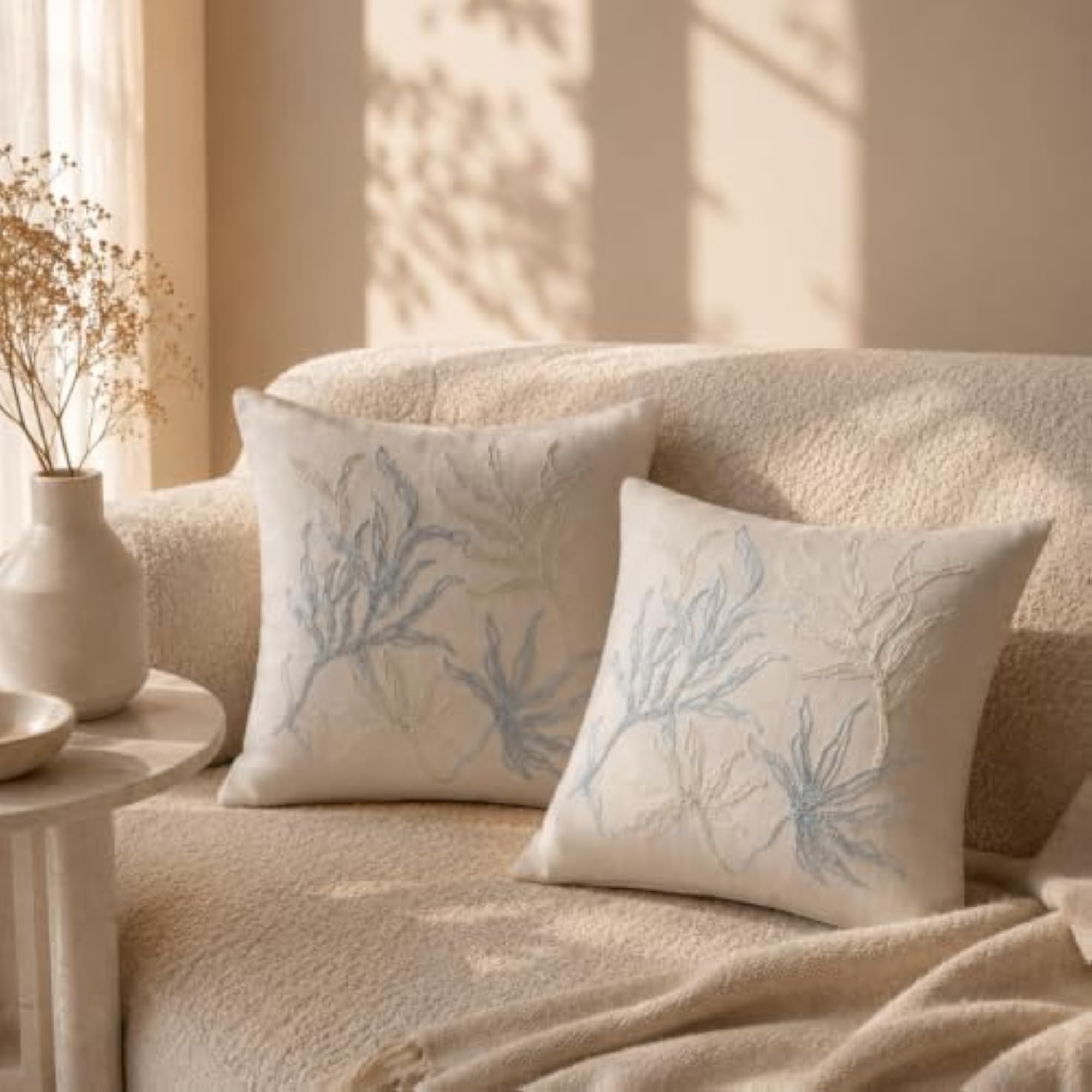 Off White Botanical Embroidered Cushion Cover Set of 2