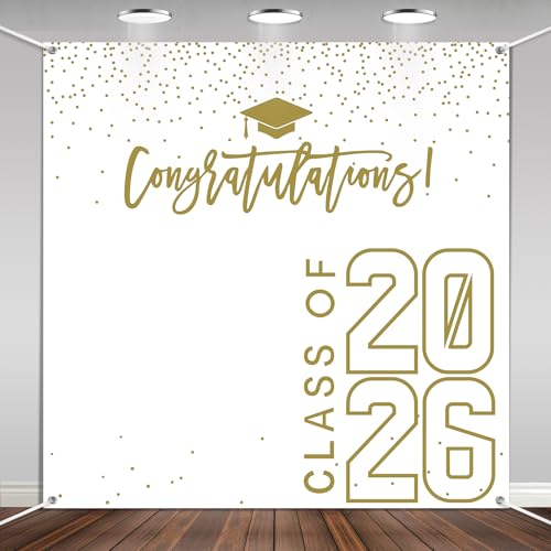 Class of 2026 Graduations Backdrop Congrats Grad Party Photo Background 6 * 6ft Large Booth Props Congratulations Banner for 2026 Graduation Party Decorations Supplies (White Gold)