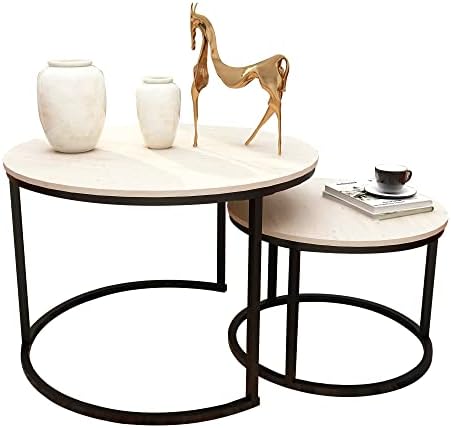 HAHRIR Modern Nesting Coffee Tables Set of 2 Round Wood End Tables with Metal Frame for Living Room and Small Space Coffee Nesting