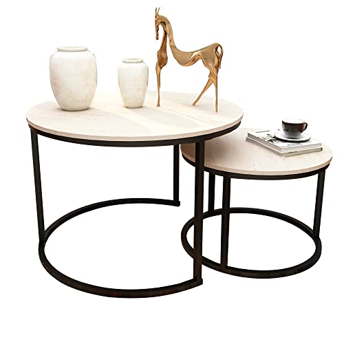 Hahrir Modern Nesting Coffee Tables Set Of 2 Round Wood End Tables With Metal Frame For Living Room And Small Space Coffee Nesting #TOP21