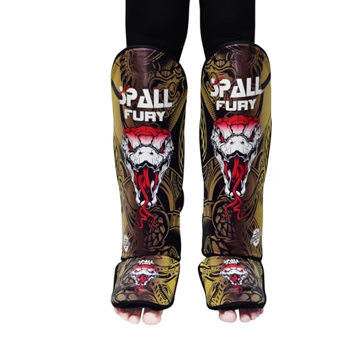 Muay Thai Shin Guards for Kickboxing Martial Arts BJJ Boxing Equipment MMA Training and Sparring Leg Guard with Instep Protection Pads (Fury-Golden, Small/Medium)