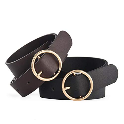 Cinto feminino casual de couro genuíno com fivela redonda para acessórios de vestidos e jeans (café)