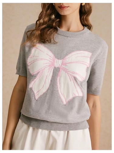 Image of BEAUDRM Women's Bow Short Sleeve Sweater Crewneck Knitted Pullover Cropped Tops Chunky Sweater Shirt Grey Small