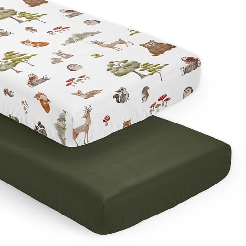 Image of Sweet Jojo Designs 2-Piece Baby Crib Sheets Set (Woodland Animals) for Boys or Girls, Infant Nursery, Toddler Room - Standard Size (Forest Animal Friends, Neutral, Bear, Hedgehog, Fox, Dark Green)