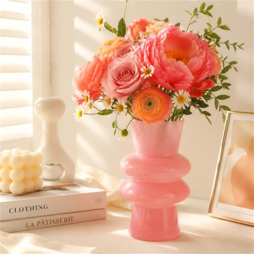 JSPYFITS Modern Glass Vases, 7.87" Tall Four-Layer Book Vase Bubble Flower Vases Decorative for Home Decor, Pink Glass Table Vase for Wedding Housewarming Gift