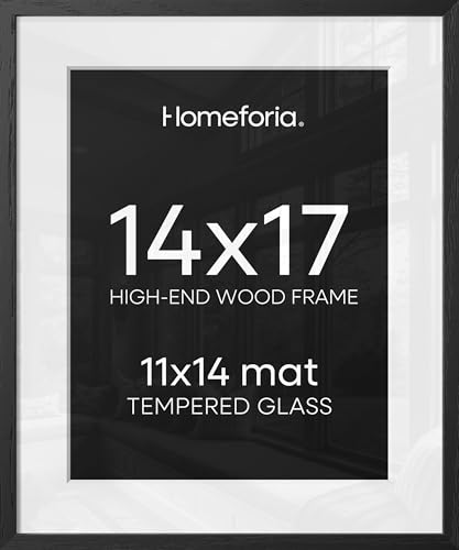 Image of Homeforia 14x17 Picture Frame Black Wood, High End Oak 14x17 Frames with Mat 11x14 Photo, 14 x 17 Wooden Poster Frame Matted to 11 by 14 Print, 17x14 Hanging Frames, Tempered Glass, Wall Kit, Set of 1