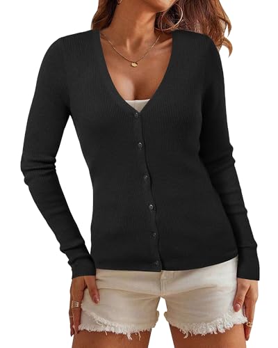 Arach&Cloz 2024 Wool Blended Ribbed Black Cardigan for Women Sweater Long Sleeve Lightweight Clothes Button Down V Neck Knit Outfits Fall Fashion Top Cashmere Business Casual Work Thanksgiving Winter