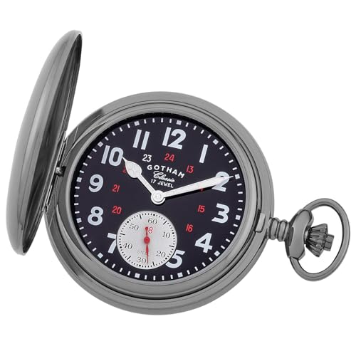 Gotham Men's Classic Gunmetal Plated Polished Case Double Hunter 17 Jewel Mechanical Pocket Watch # GWC18807BBK