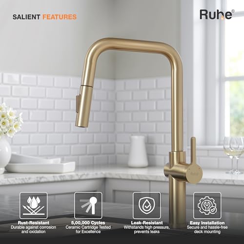 Image of Ruhe Opulo Dual Flow Pull-out Kitchen Mixer Faucet - Brushed Gold | 360 Swivel | Hot & Cold Water Faucet | Single Lever Tap | Table Mounted Kitchen Sink Tap