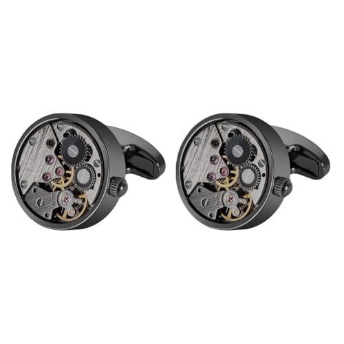 Mr.Van Men\'s Black Cufflinks - Watch Movement Design, Tin-plated Brass Cuff Links for Men Steampunk Gear Design - Gift Box Included - Thumbnail 2