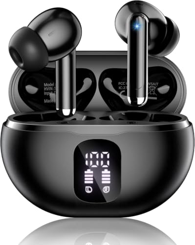 Image of Wireless Earbuds, Bluetooth 5.4 Ear Buds Bass Stereo, Headphones with Noise Cancelling Mic, LED Display in Ear Earphones Clear Calls, IP7 Waterproof Bluetooth Earbuds for Phone /Android /iPad, Black