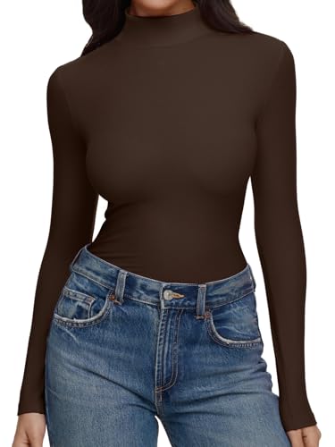 Image of REORIA Women's Turtleneck Tops Slim Basic Mock Neck Long Sleeve Shirts 2025 Fall Winter Layering Outfits