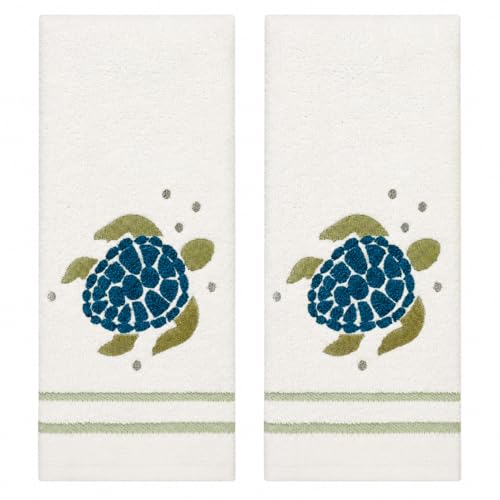Serafina Home Coastal Nautical Bathroom Fingertip Towels - Set of 2 100% Cotton White Embroidered Green Sea Turtle Design - 18 x 12 Summer Bath & Kitchen Dcor