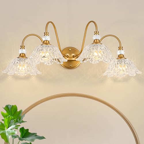 Image of Vintage Matte Brass Finish Bathroom Vanity Light, 4-Light Vanity Light with Floral Glass Shades, Retro Wall Mount Lighting for Bathroom, Dressing Table