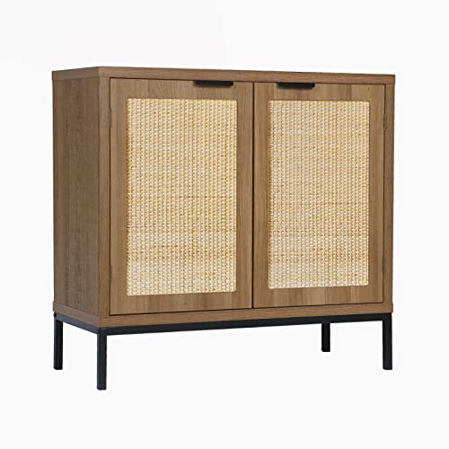 Anmytek Rustic Oak Accent Storage Cabinet With 2 Rattan Doors, Mid Century Natural Wood Sideboard Furniture For Living Room H0045 #TOP6