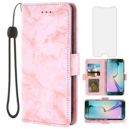 Asuwish Compatible with Samsung Galaxy S6 Edge Case and Tempered Glass Screen Protector Cell Accessories Card Holder Slot Kickstand Flip Marble Wallet Phone Cover for Glaxay S6edge 6s 6 S 6edge Pink