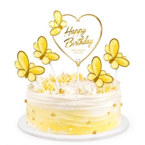 Image of Wanna Party Gold Butterfly Happy Birthday Cake Topper Set, Heart Birthday Cake Decoration with Golden Butterfly Picks for Birthday Party, Cake Decor, Dessert Table & Celebration Supplies