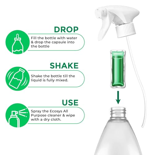 Ecosys All Purpose Cleaner Capsules, Kitchen Cleaning Spray, Removes Tough Stains, Grease, Oil, Chimney, Sink, Tiles, (1L Refillable Spray Bottle + 1 Cleaner Capsule) Pack of 1Ltr