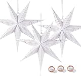 HOUISM Weihnachtsstern Papier Lampenschirm mit 3 Lichterketten, Aushöhlen Faltsterne Licht Schatten - Premium Kraftpapier Papierstern zum Aufhängen für Silvester Party Fensterdeko(3/Weiß/45cm)