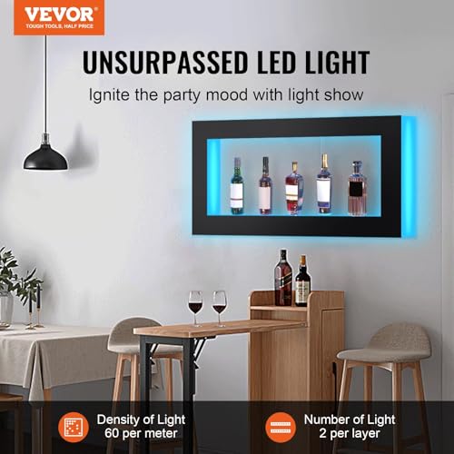 Image of VEVOR LED Lighted Liquor Bottle Display Shelf, Square 48 Inches, Supports USB,Illuminated Home Bar Shelf w /RF Remote & App Control 7 Static Colors 1-4 H Timing, Acrylic Wall-Mounted Shelf