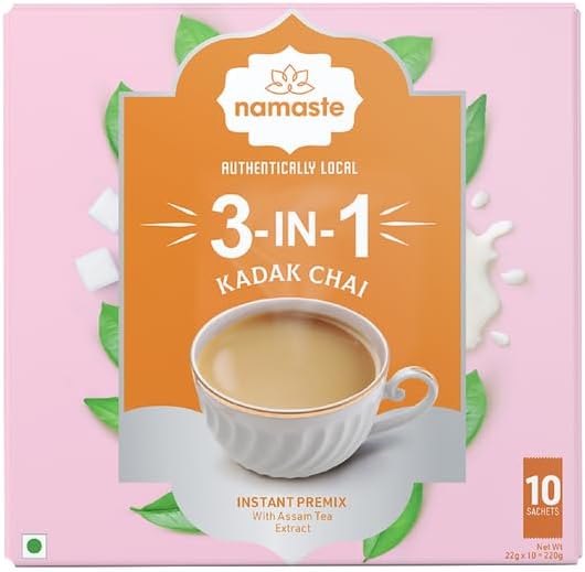 Instant Tea Premix Kadak Chai | Assam | Ginger, Clove, Cinnamon, Nutmeg & Cardamom | Milk and Sugar | Ready Mix Powder | 22g x 10 Sachets