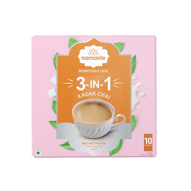 Namaste Chai Instant Tea Premix Kadak Chai | Assam | Milk and Sugar | Strong Flavoured Ready Mix Powder |22g x 10 Sachets