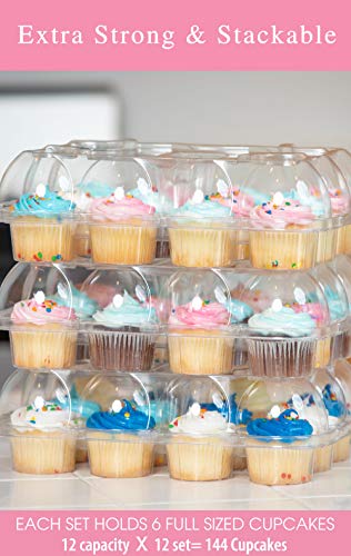 (12Pack x 12 Sets) STACK'nGO Cupcake Carriers - High Tall Dome Clear Containers Thick Plastic Disposable Storage Boxes. 1 Dozen Compartments Slots Holder Cupcakes Box Tray Container. Cup Cake Holders