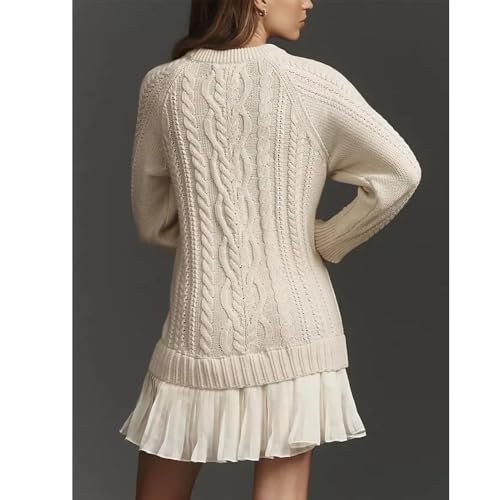 Women Crewneck Cable Knit Sweater Mini Dress, Casual Crew Neck Long Sleeve Pleated Mini Dress2