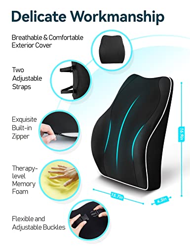 ترافل ايز وسادة دعم قطنية مريحة ظهر من الميموري فوم لمقعد السيارة وكرسي المكتب الالعاب ومسند مع غطاء لطيف على البشرة واشرطة مزدوجة قابلة للتعديل اسود رغوة الذاكرة