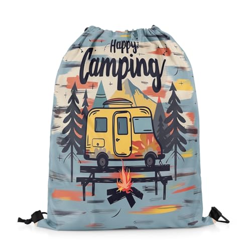 Feelyou Camper Drawstring Backpack 13"x15.7" Happy Camping Stripes Sports Gym String Bag RV Camping Drawstring Bags Geometric Waterproof Cinch Bag Travel Sports Drawstring Sackpack2