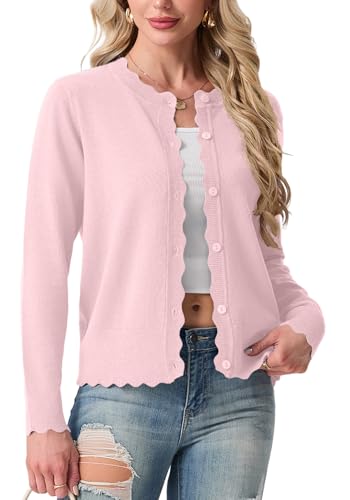 GRECERELLE Pink Cardigan Sweaters for Women Lightweight Crewneck Button Down Soft Knit Dressy Cardigans 2026