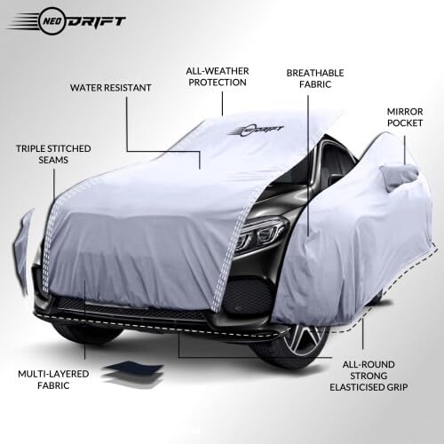 Image of NEODRIFT 'SilverTech' Car Body Cover Suitable for Jazz (Tailored Fit, 100% Water Resistant, All-Weather Protection, Multi-Layered & Breathable Fabric) Colour - Silver (Model Year: 2015-2023)
