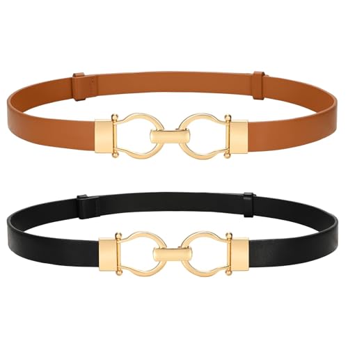VONMELLI 2 Pack Women's Leather Belts for Jeans Dress Pants Ladies Waist Belt Skinny Belt with Fashion Gold Buckle