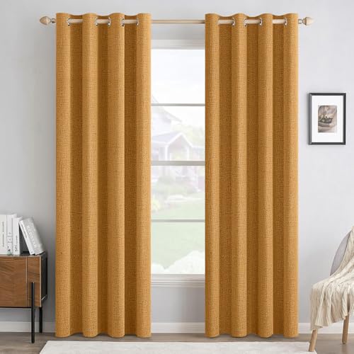 Image of MIULEE 100% Blackout Linen Textured Curtains for Bedroom Solid Thermal Insulated Mustard Yellow Grommet Room Darkening Curtains & Drapes Luxury Decor for Living Room 52 x 90 Inch (2 Panels)