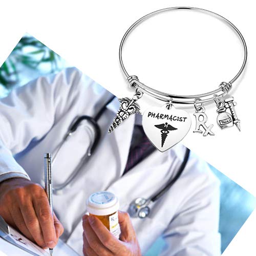 Bobauna Stainless Steel Pharmacist Expandable Wire Bangle Bracelet With Medical Caduceus Rx Symbol Pharmacy Charms Pharmacist Graduation Gift (Pharmacist Bracelet) #TOP5