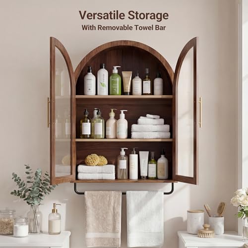 Botiquín de baño moderno con arco, 23,6 pulgadas, de Seang, con barra para toallas y estante ajustable, gabinete de almacenamiento para pared sobre el inodoro, para cuarto de lavado, sala de estar y cocina, color nogal miniatura 4