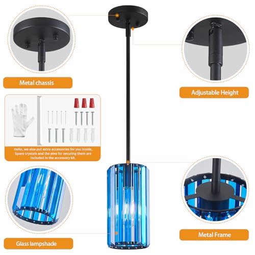 Image of Modern Crystal Pendant Light Mini Dark Blue Chandeliers Adjustable Pendant Lights Fixture for Kitchen Island Dinning Room Corridor Bedroom(Dark Blue 1-Pack