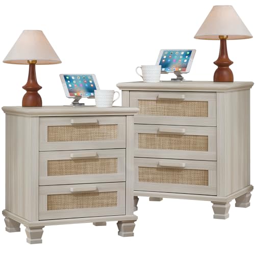 LEYAOYAO Rattan Nightstand Set of 2 with Drawers, Boho Bedside Tables for Bedroom, Large Side Tables with 4 Solid Wood Square Legs, Grey LEYAOYAO Rattan Nightstand Set of 2 with Drawers, Boho Bedside Tables for Bedroom, Large Side Tables with 4 Solid Wood Square Legs, Grey