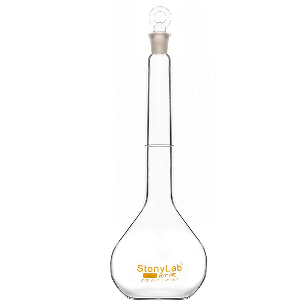 stonylab Glass Volumetric Flask Class A with Glass Stopper, Borosilicate Glass Heavy Wall Volumetric Flask Tolerance ±0.15ml, 250ml