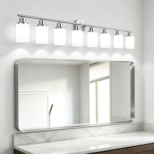 Image of 8-Light Vanity Lights, Brushed Nickel Bathroom Light Fixture with Striped Textured Milky White Glass Shade, E26 Modern Vanity Lighting Fixture for Bathroom Wall Sconce Light Over Mirror